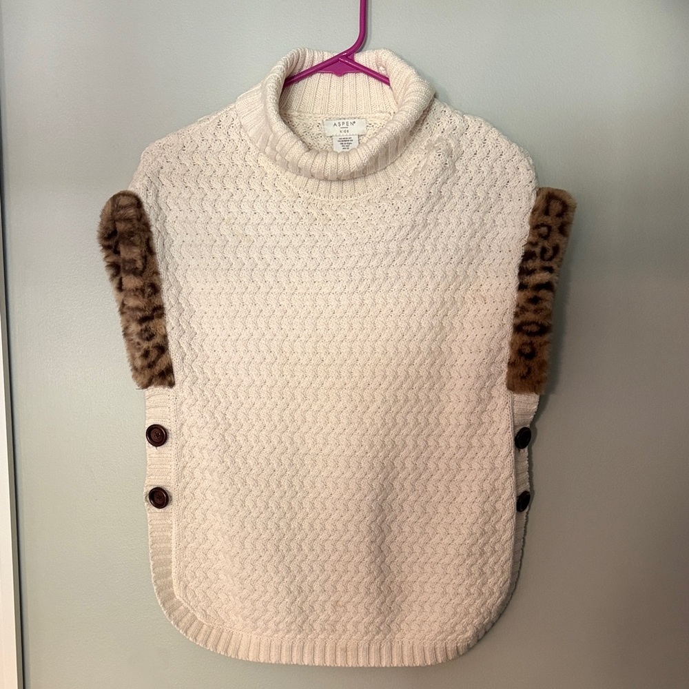 Cozy Cream Knit Poncho Sweater with Leopard Accents size 10-12 Girls